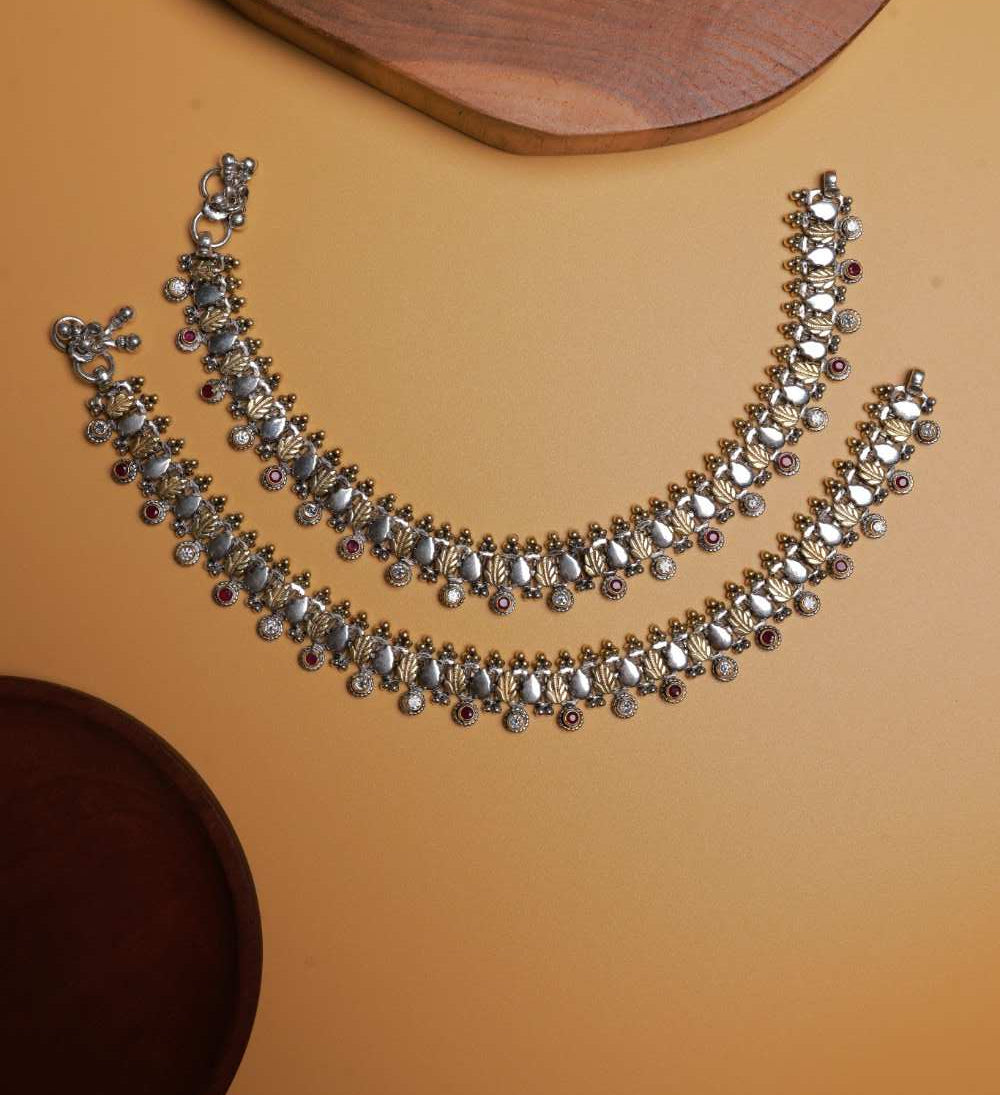 Antique handcrafted silver anklet with temple motifs and kemp stones.