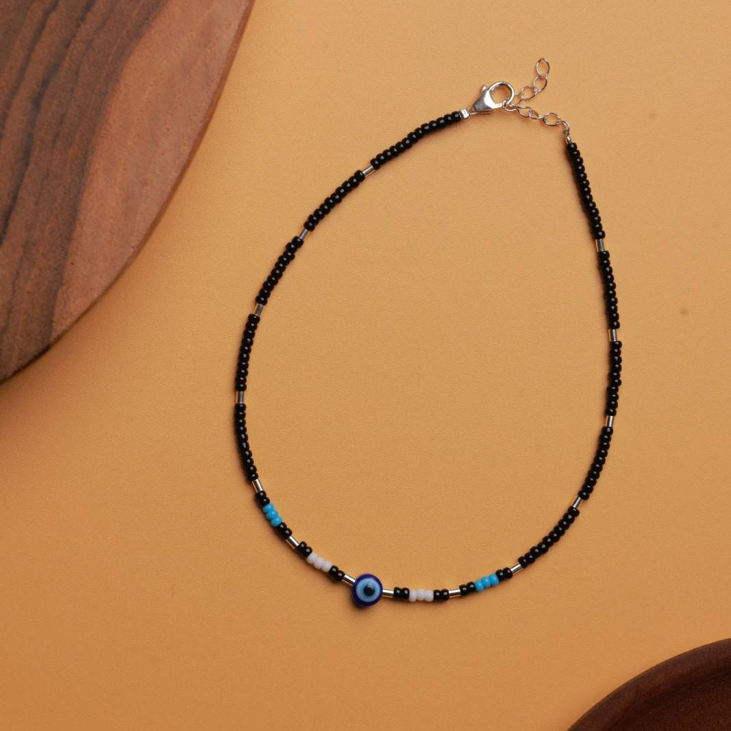 Evil Eye Black Bead Silver Anklet