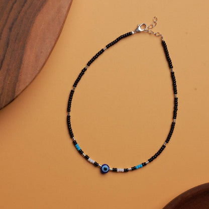 Evil Eye Black Bead Silver Anklet