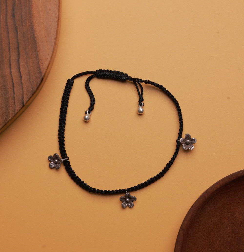 Dainty Floral Charm black thread anklet.