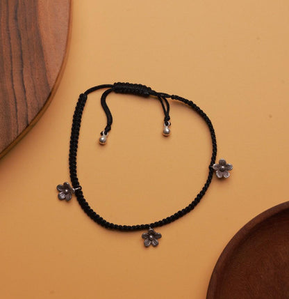  Dainty Floral Charm black thread anklet.