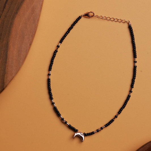 Black Bead Anklet with Silver Crescent Moon Charm
