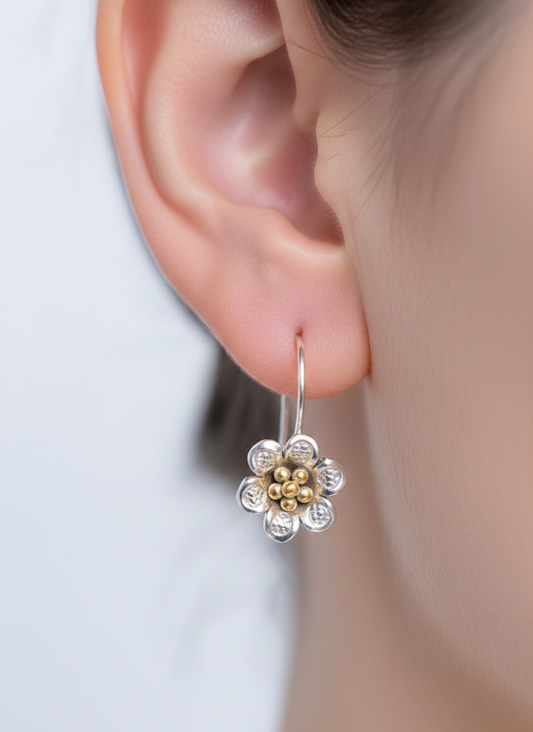 Handcrafted Dual-Tone Floral Silver Earrings