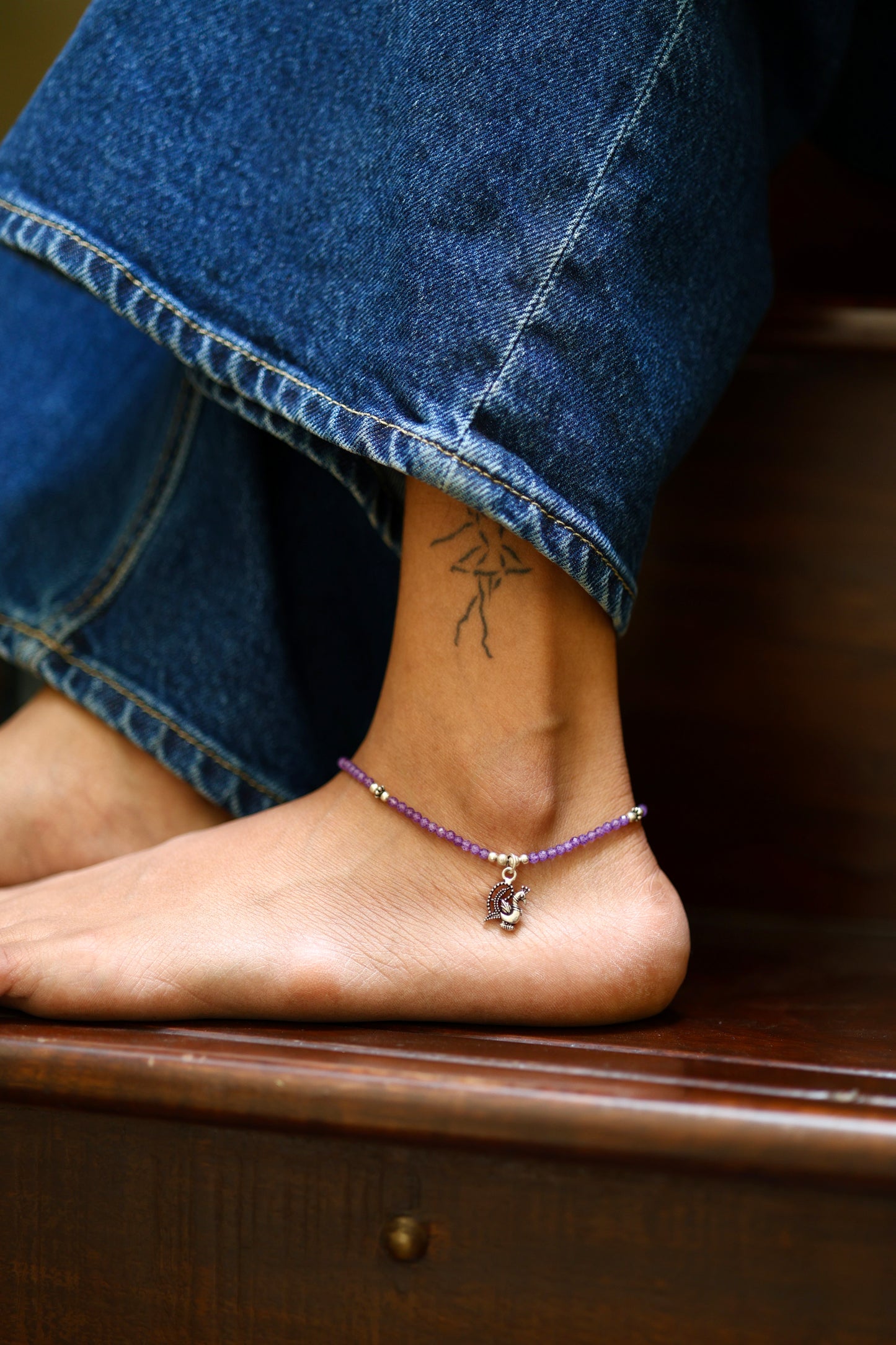Amethyst Bead Silver Anklet with Peacock Charm