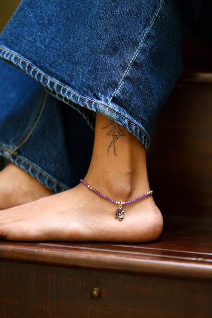 Amethyst Bead Silver Anklet with Peacock Charm
