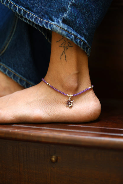 Amethyst Bead Silver Anklet with Peacock Charm