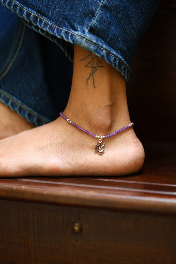 Amethyst Bead Silver Anklet with Peacock Charm
