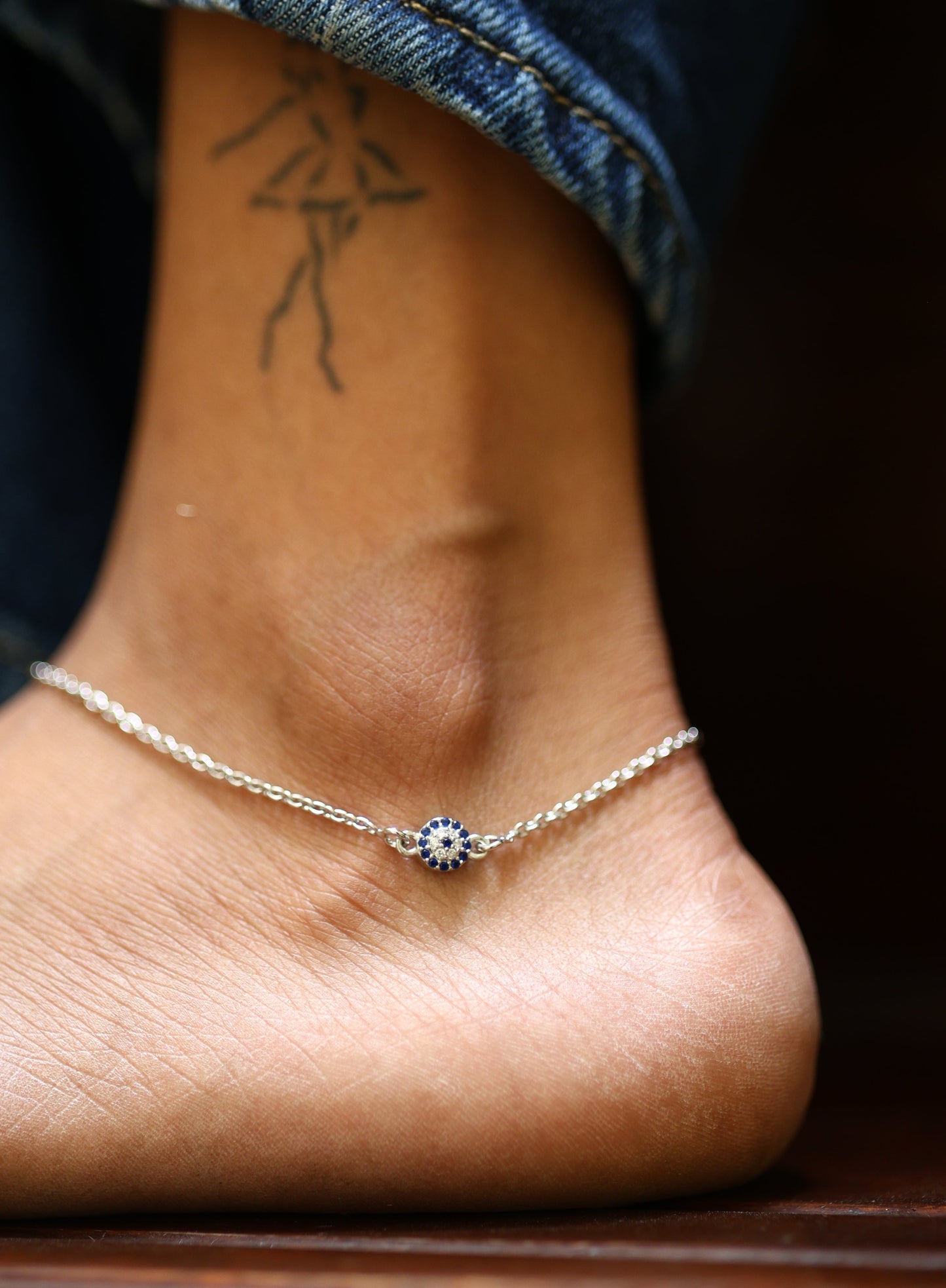 92.5 sterling silver evil eye anklet with adjustable chain for women
