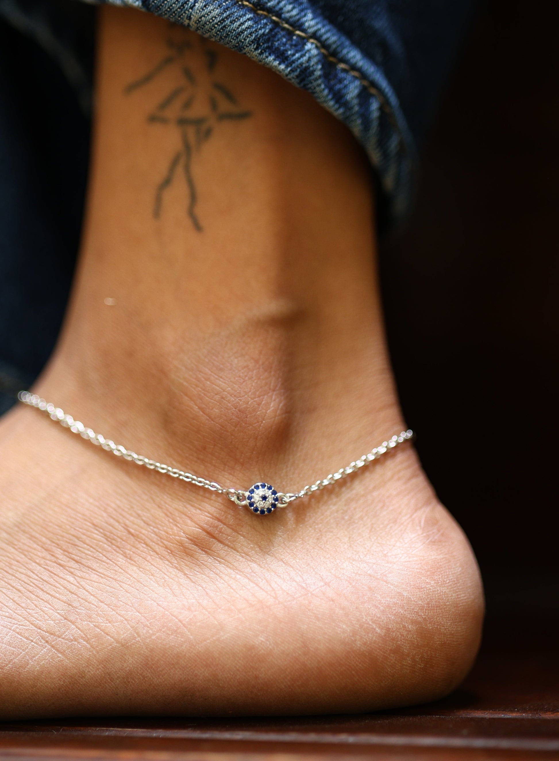 92.5 sterling silver evil eye anklet with adjustable chain for women