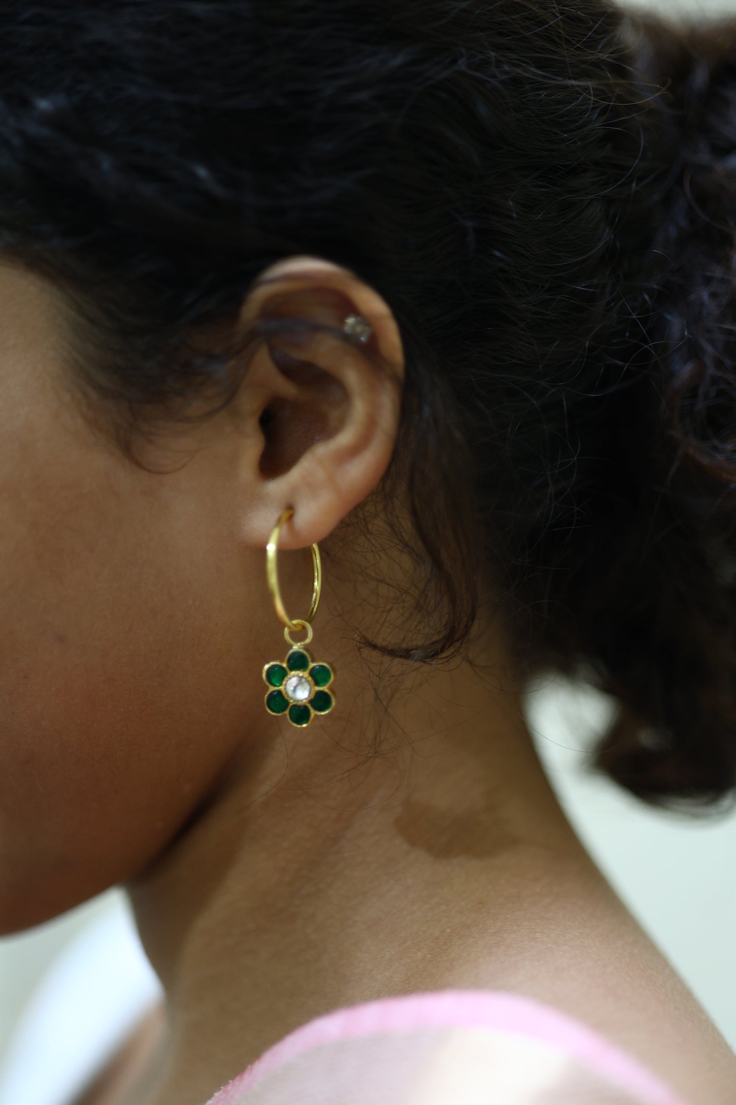 Emerald Stone Gold-Tone Hoop Earrings.