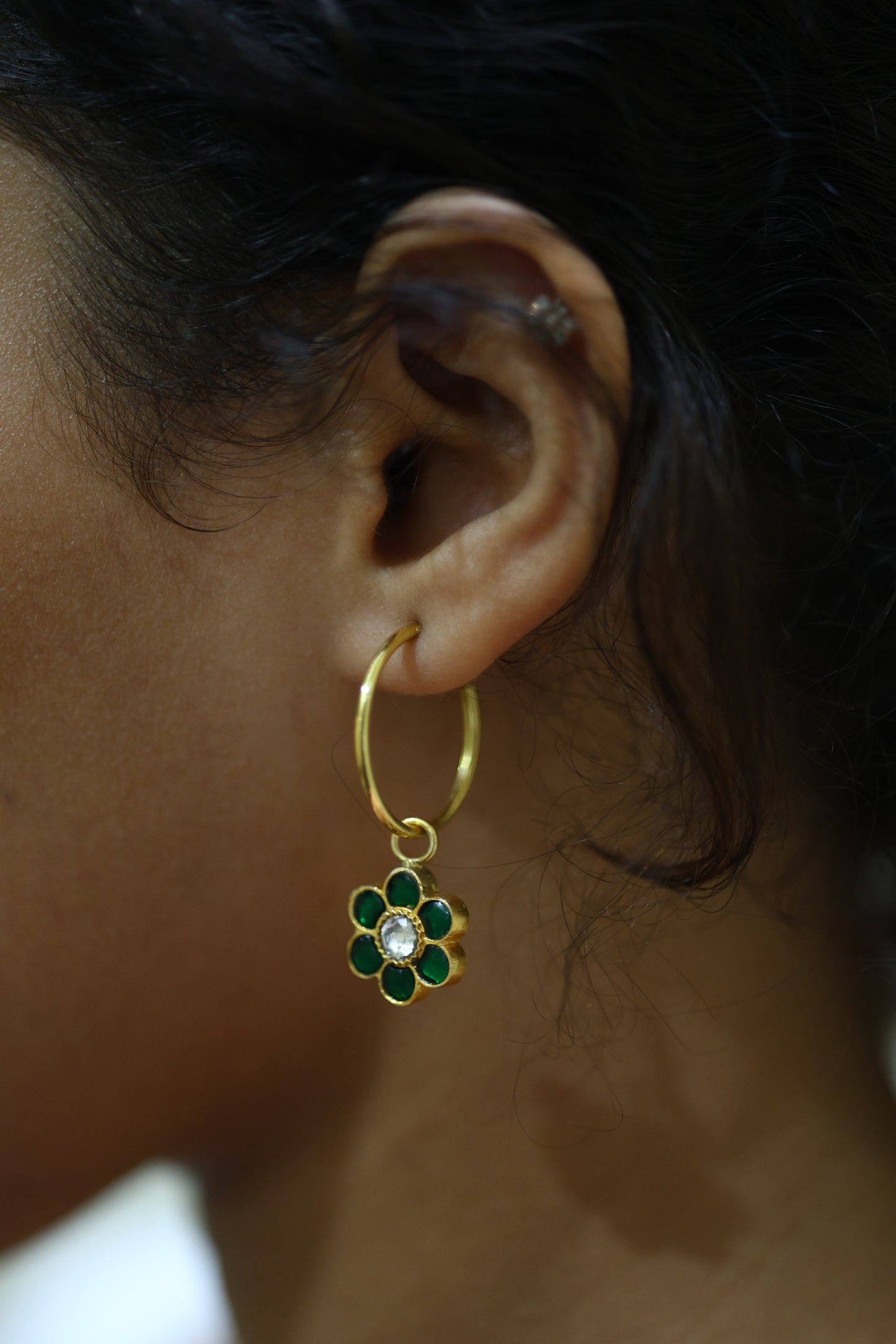Emerald Stone Gold-Tone Hoop Earrings