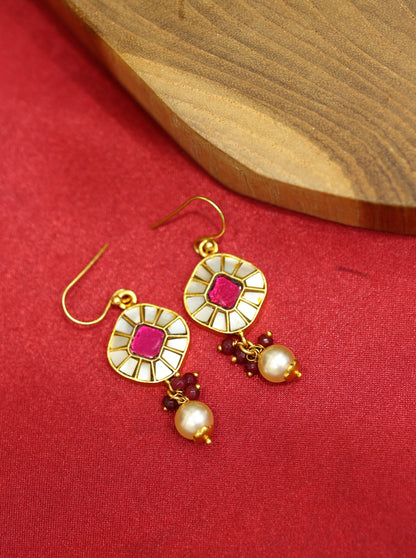 Kundan Drop Earrings with Pearl & Red Gemstone