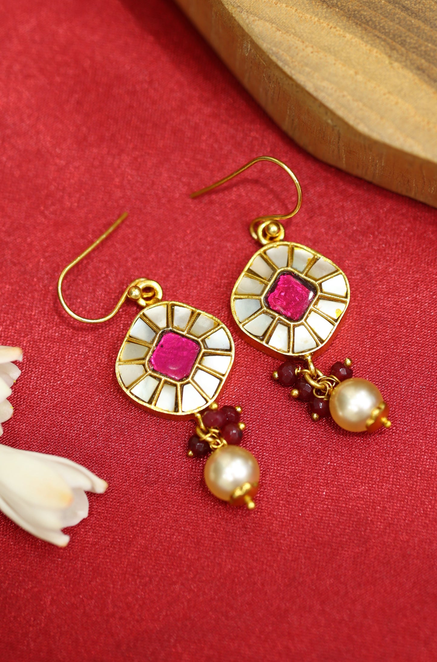 Kundan Drop Earrings with Pearl & Red Gemstone