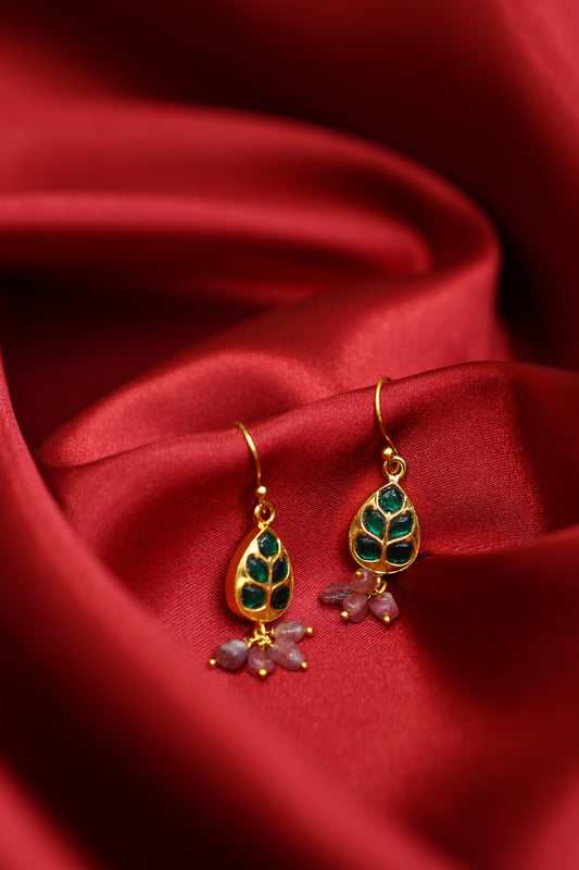 Elegant Gold Plated Leaf Earrings with Green and Pink Gemstones