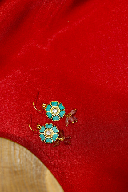 Gold-Plated Floral Earrings with Turquoise and Pink Gemstones