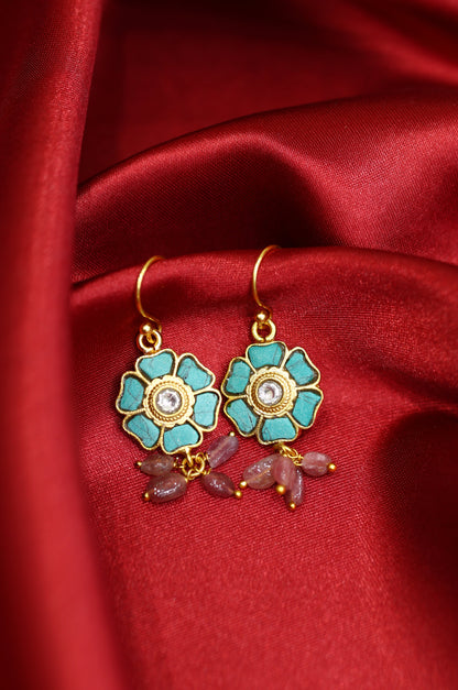 Gold-Plated Floral Earrings with Turquoise and Pink Gemstones