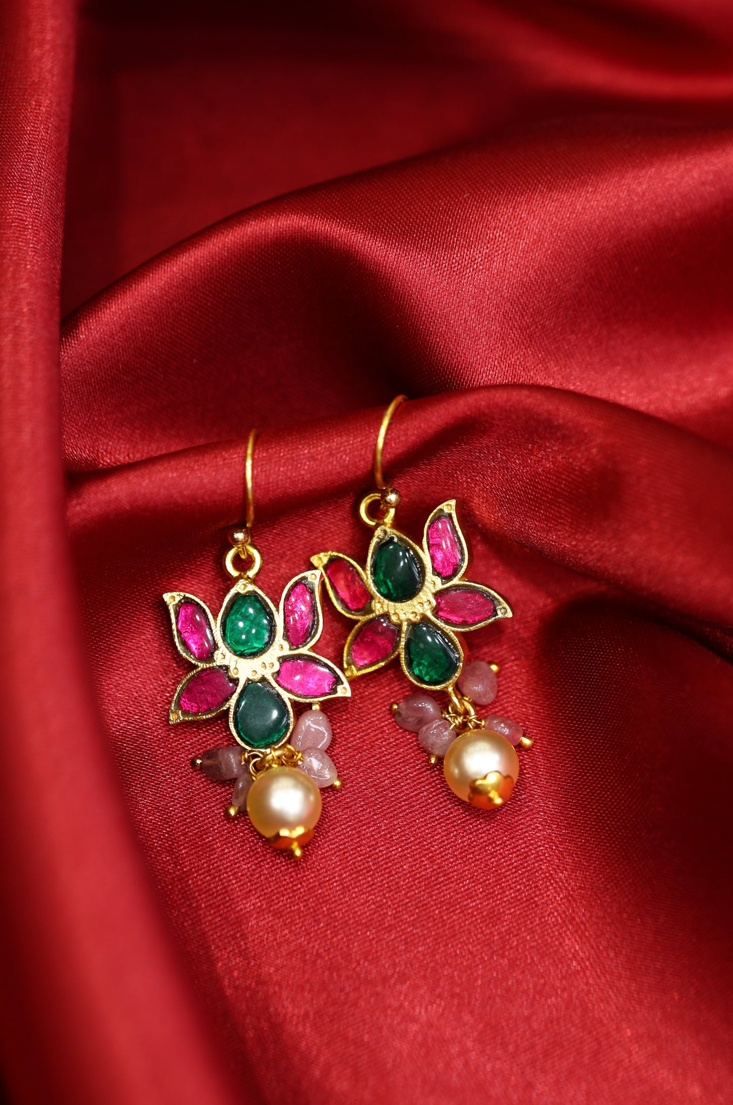 Handcrafted Gold-Plated Floral Earrings with Ruby & Emerald Stones