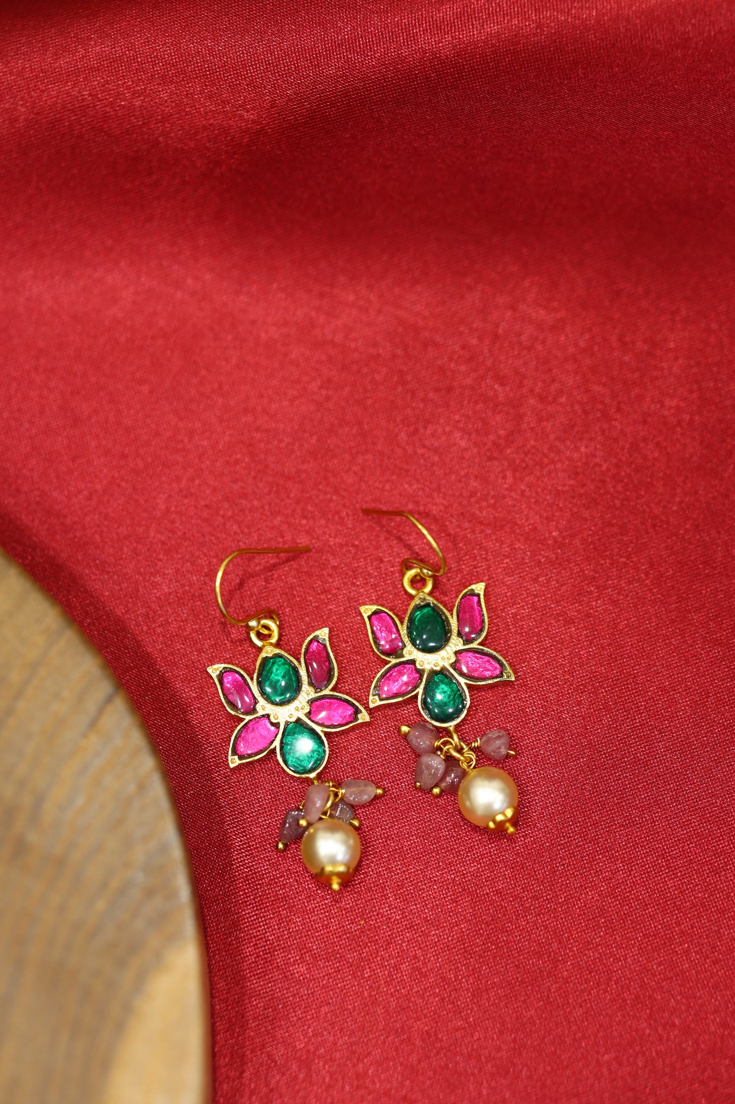 Handcrafted Gold-Plated Floral Earrings with Ruby & Emerald Stones