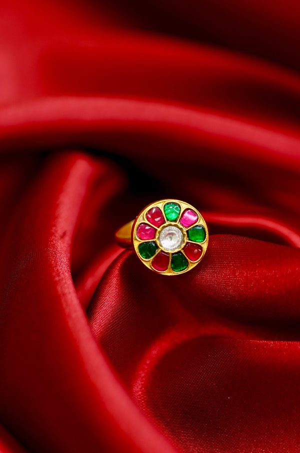 Handcrafted Kundan Floral Ring – Red & Green Gemstones