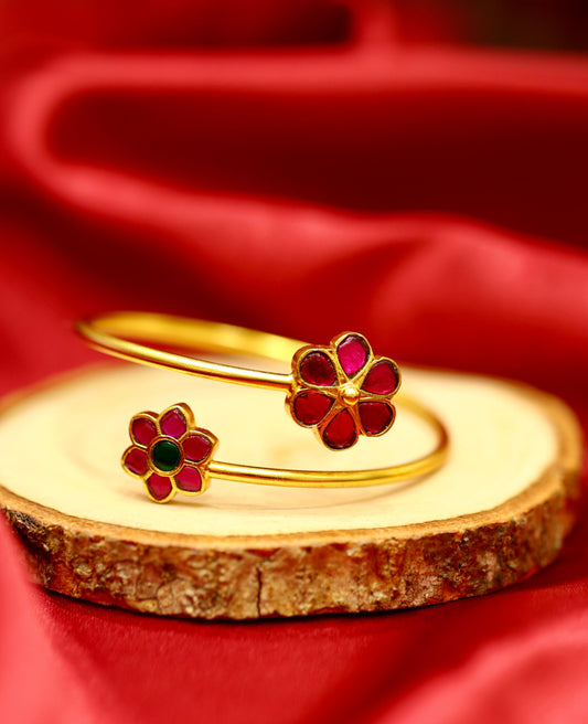 Gold-plated silver floral kada with red and green enamel design