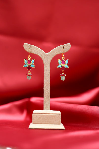 Gold-Plated Silver Floral Earrings with Turquoise & Ruby