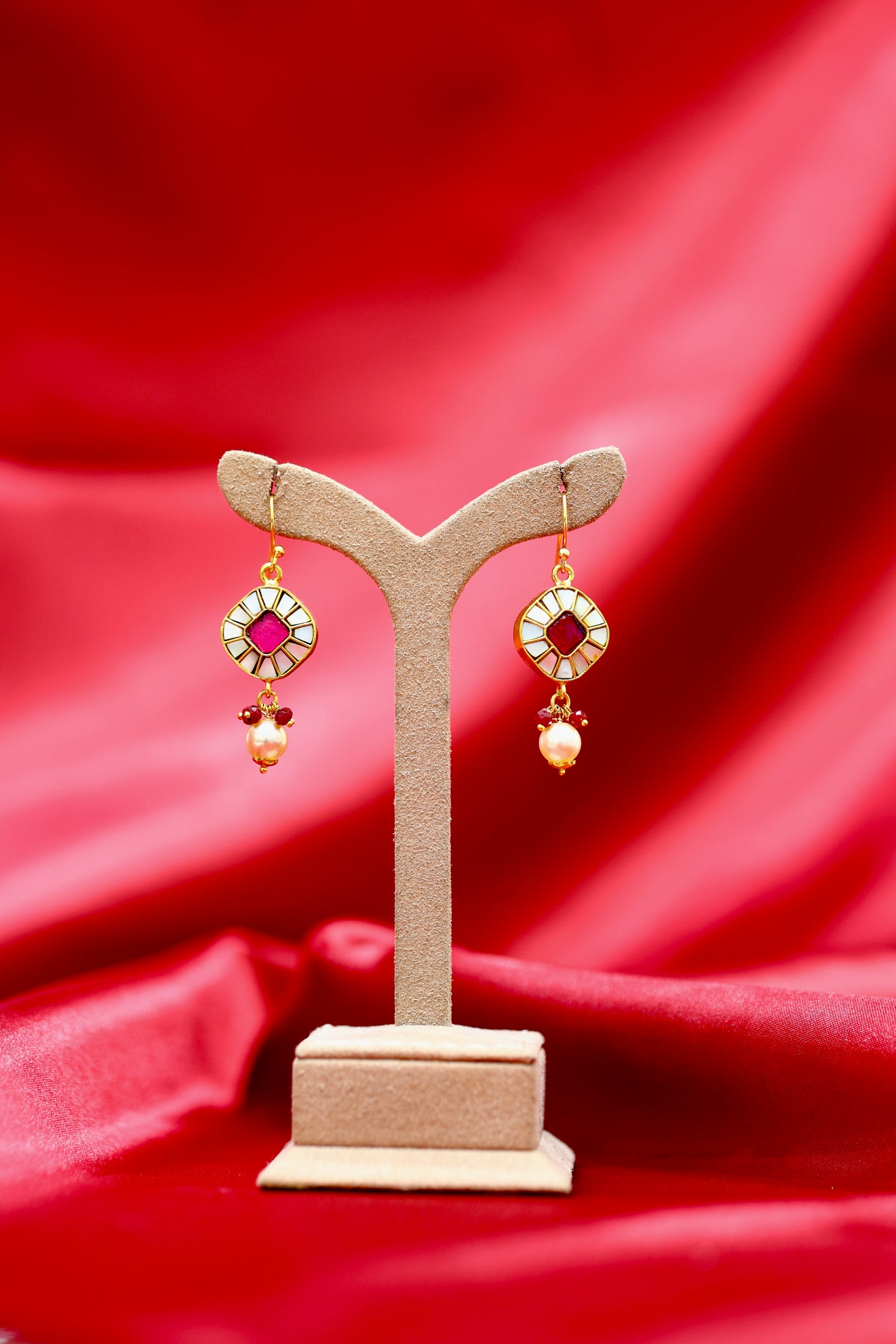 Kundan Drop Earrings with Pearl & Red Gemstone.