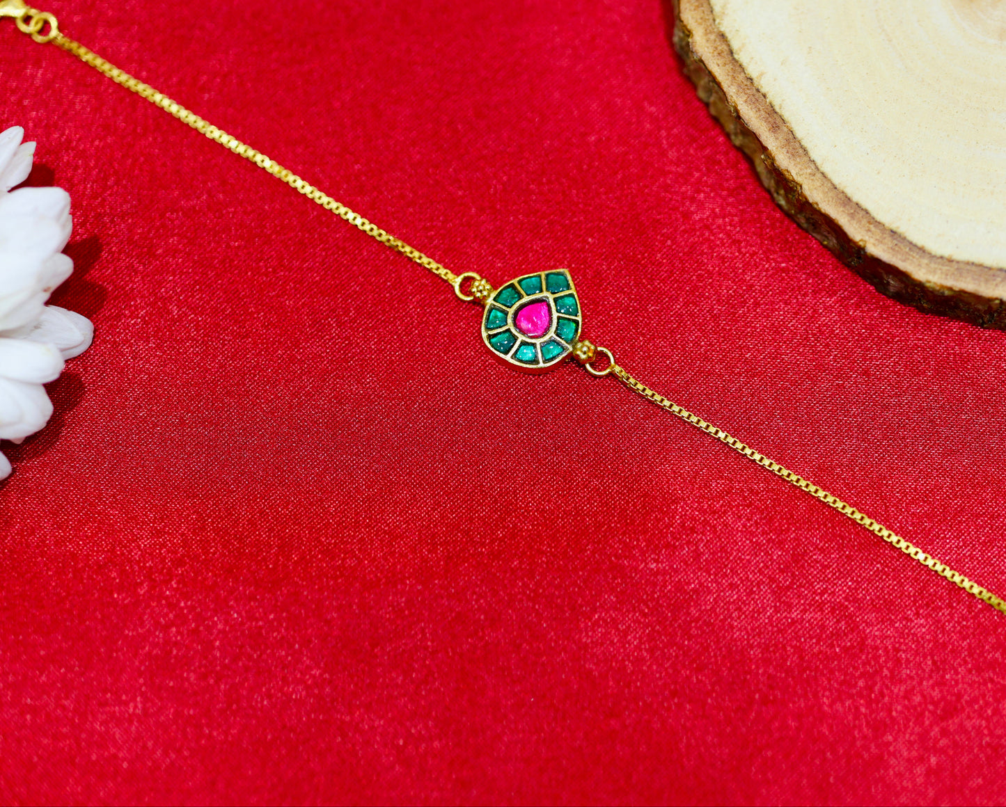 Teardrop Motif Gold Bracelet with Pink & Green Stones