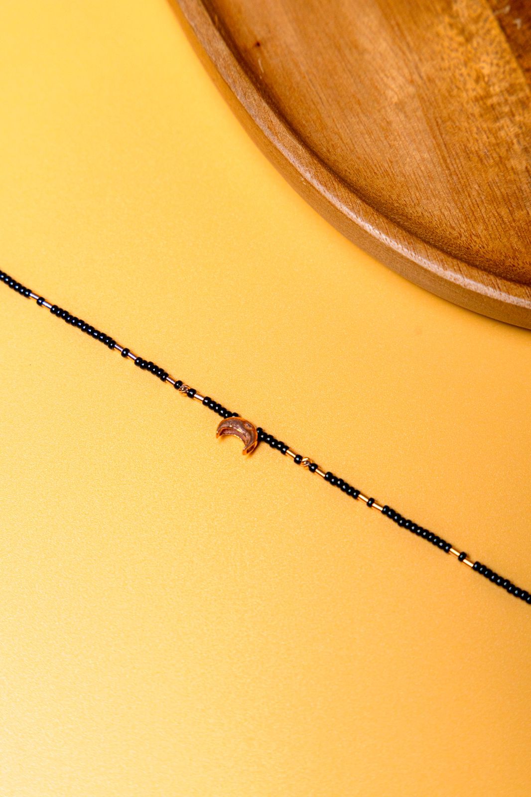 Black Bead Anklet with Silver Crescent Moon Charm