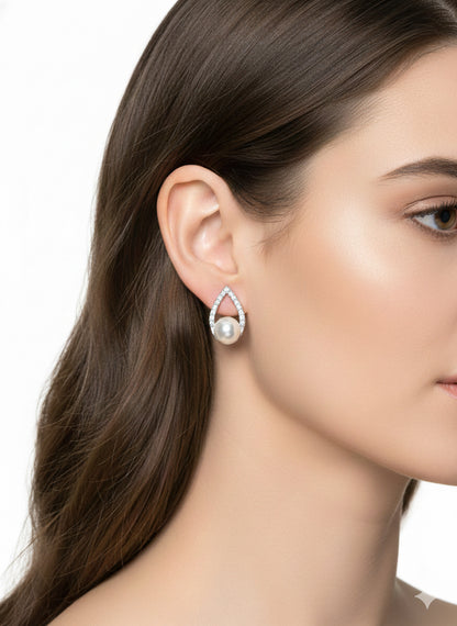 Teardrop Pearl & Zircon Stud Earrings