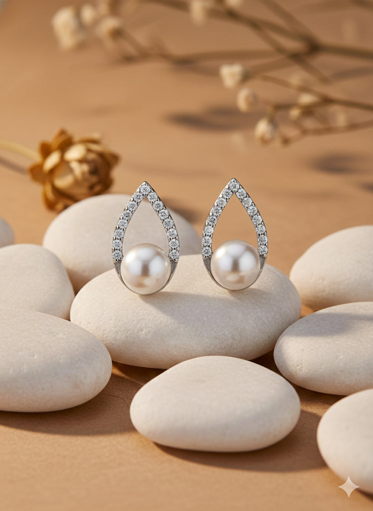 Teardrop Pearl & Zircon Stud Earrings