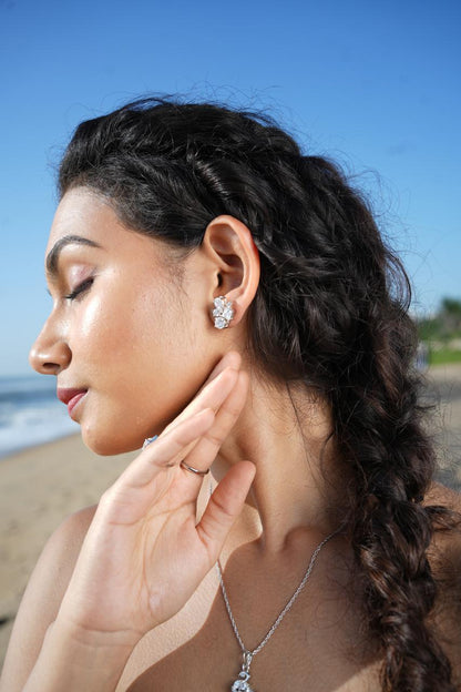 Floral Design Silver Earring With Zircon Stones.