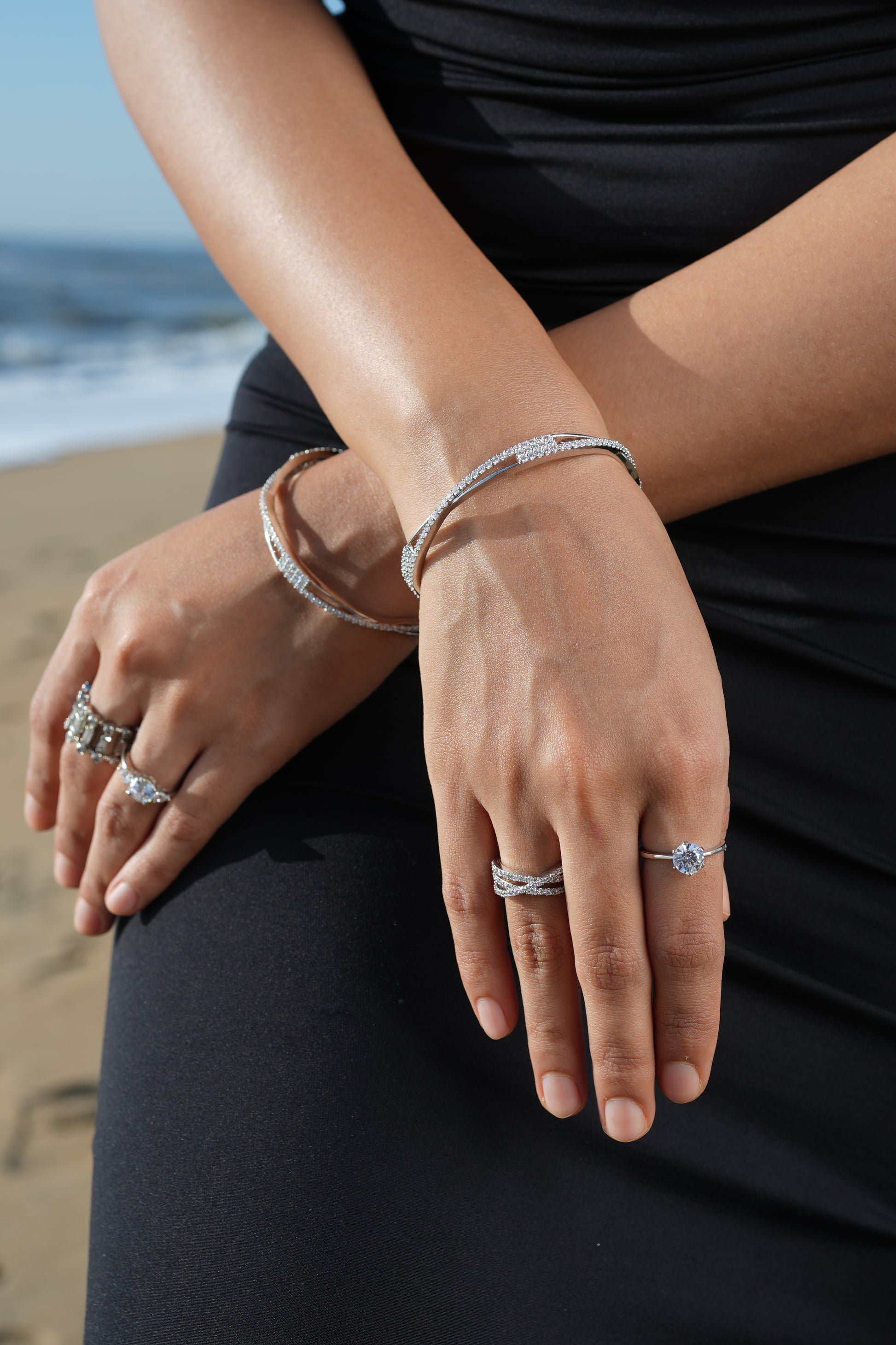 Silver Bangle With Zircon Stones.