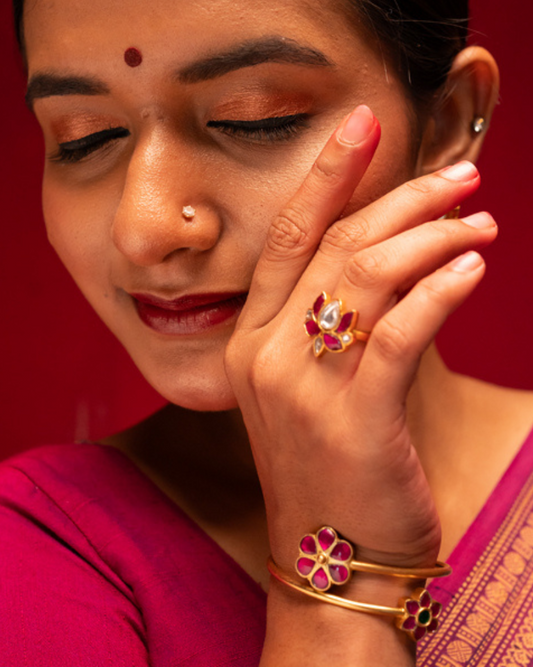 Adjustable Lotus-Inspired Gold Ring with Pink and White Gemstones