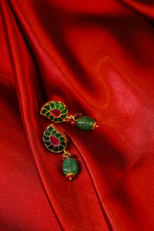Mango design gold-plated earrings with ruby stone and emerald  stone drops.