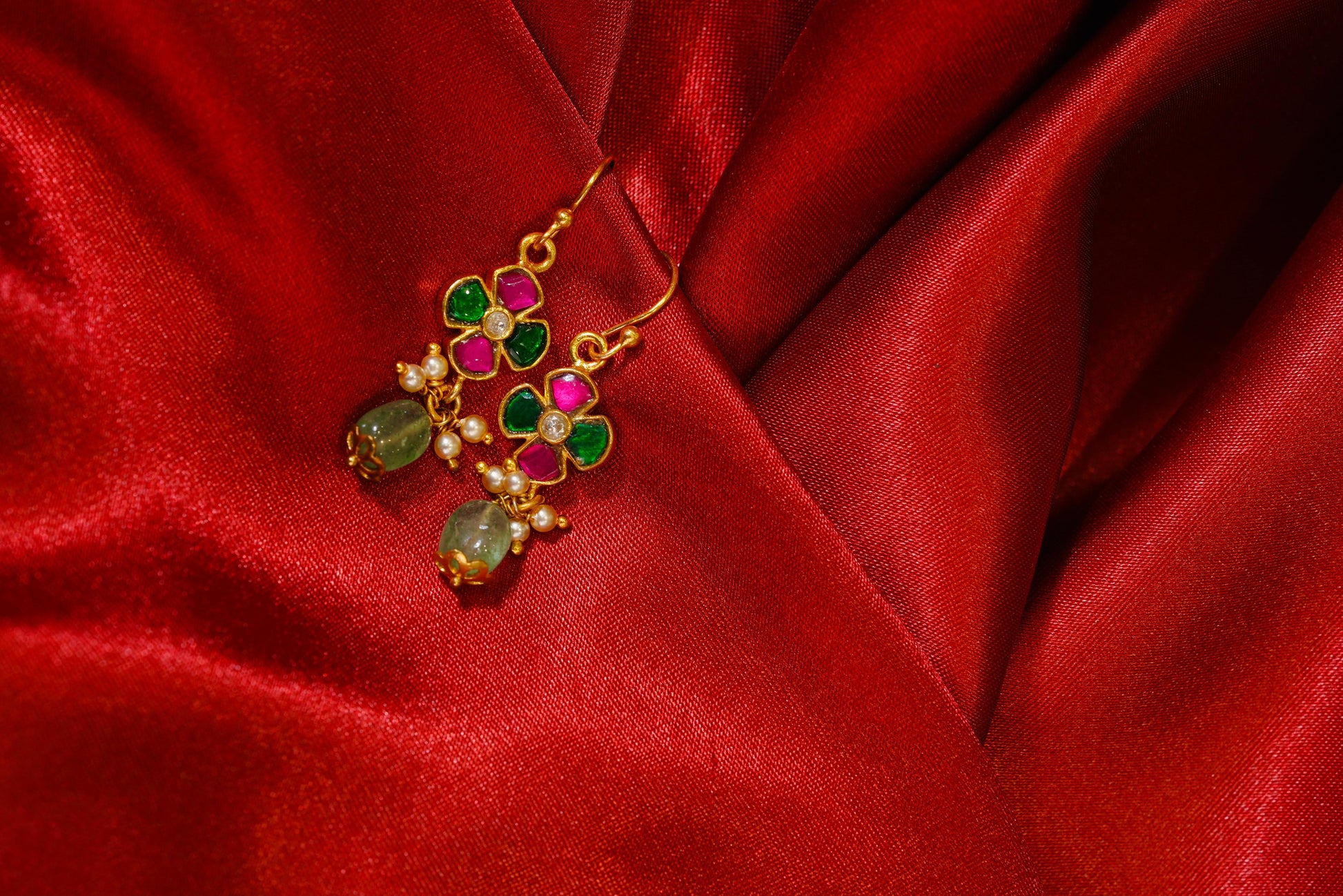 Floral design gold-plated earrings with ruby-emerald pearls, stone drops.