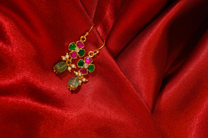 Floral design gold-plated earrings with ruby-emerald pearls, stone drops.