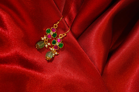 Floral design gold-plated earrings with ruby-emerald pearls, stone drops.