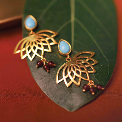 Gold Plated Lotus Bloom Garnet Drop Earrings.