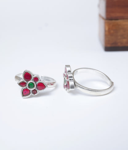 Ruby & Emerald Floral 925 Silver Toe Ring
