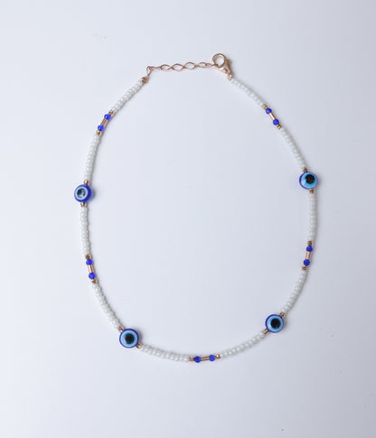 White Beaded Evil Eye Anklet