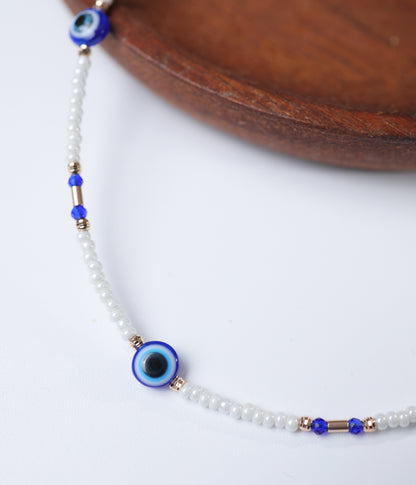 White Beaded Evil Eye Anklet