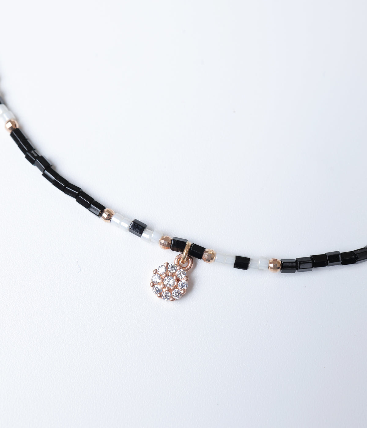 Rose Gold Black & White Beaded Anklet with Crystal Charm