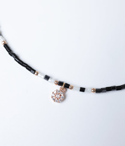 Rose Gold Black & White Beaded Anklet with Crystal Charm