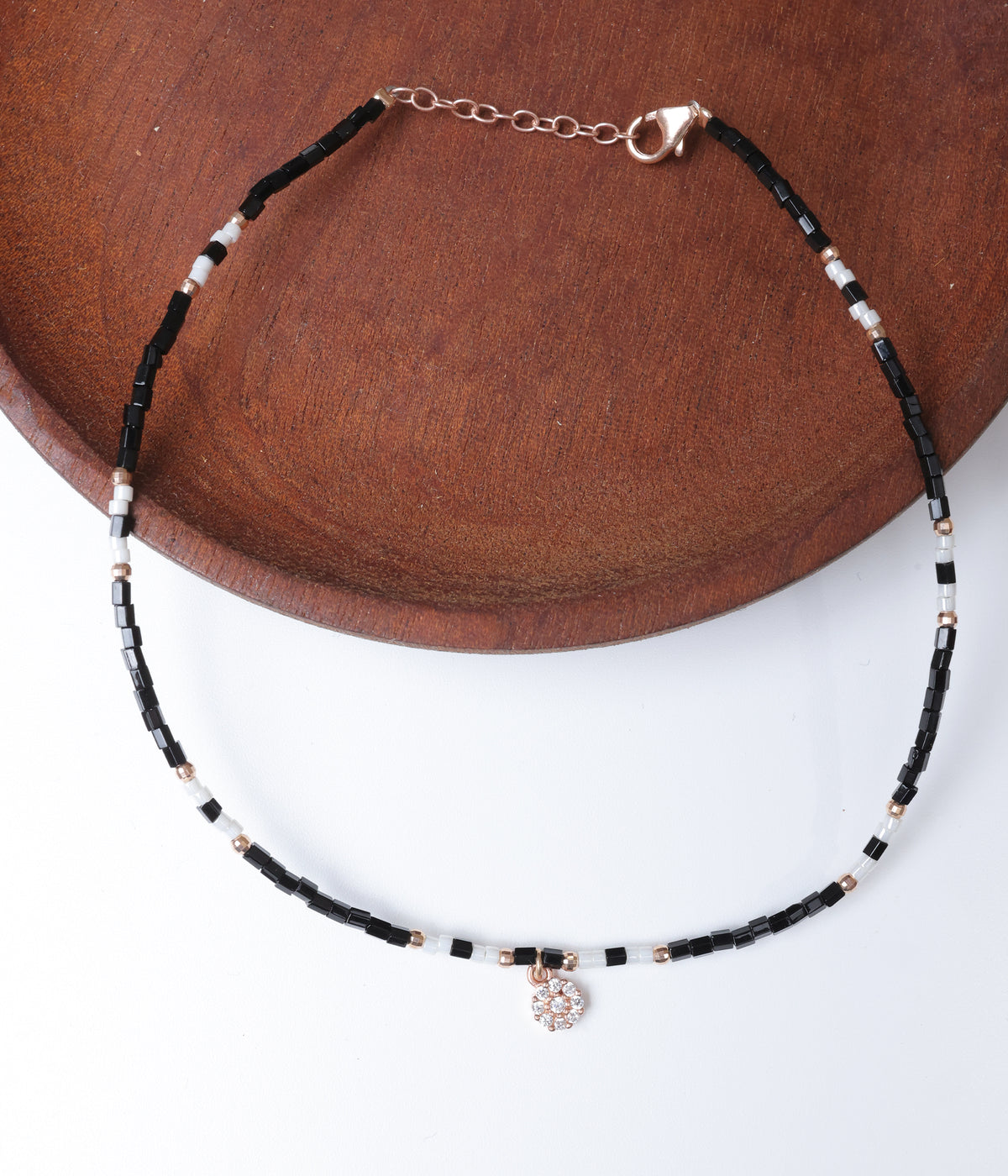Rose Gold Black & White Beaded Anklet with Crystal Charm
