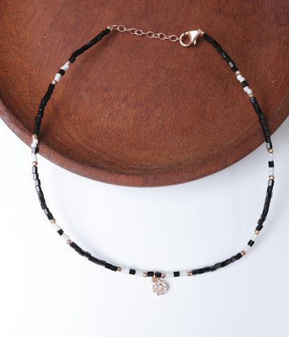 Rose Gold Black & White Beaded Anklet with Crystal Charm