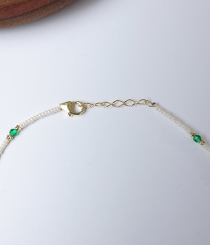 Gold Plated Green Stone and pearl Beaded Silver Anklet