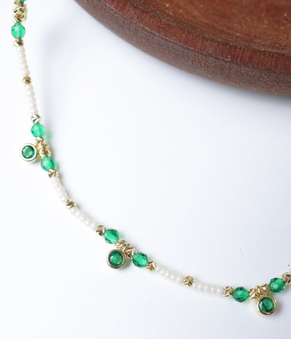 Gold Plated Green Stone and pearl Beaded Silver Anklet