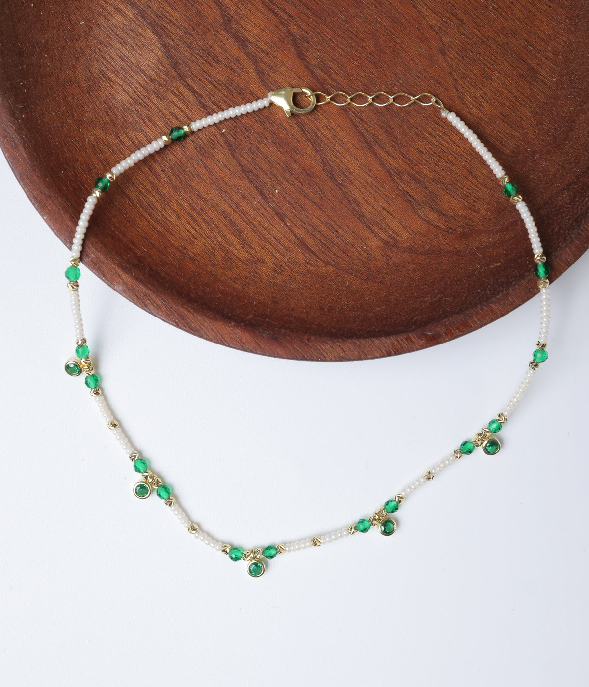 Gold Plated Green Stone and pearl Beaded Silver Anklet