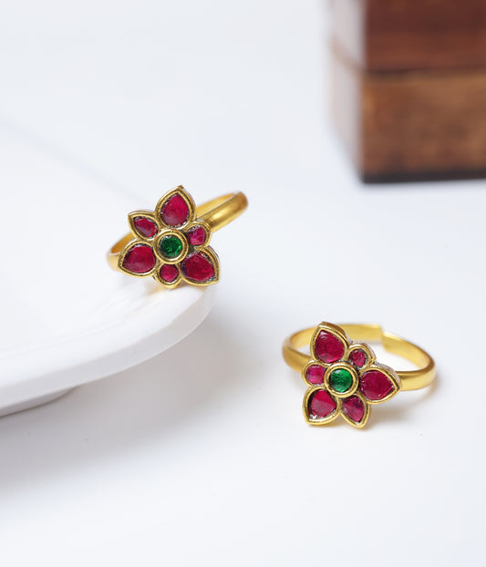 Gold Plated Ruby Green Stone Floral 92.5 Silver Toe Ring