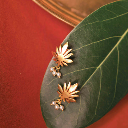 Gold Plated Sunburst Pearl Cluster Earrings.